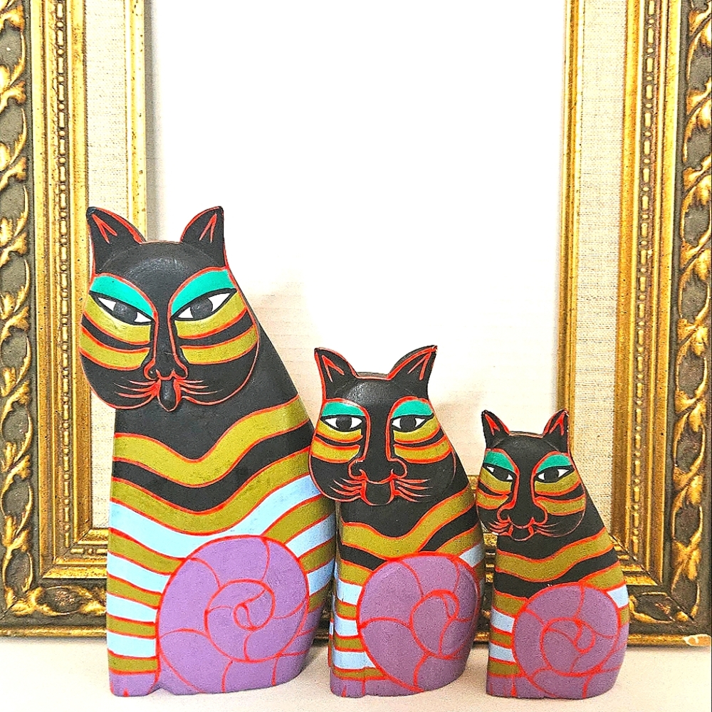 Vintage Laurel Burch Wood Hand Painted Cats Figurines Statue